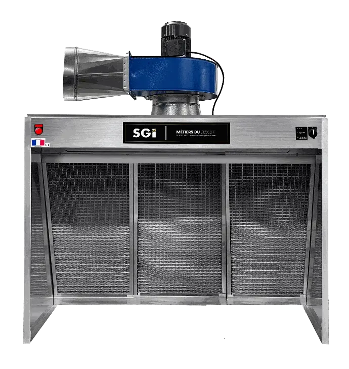 Hotte aspirante SGI Pastry Deluxe inox 1,5m, triple filtration, pulvérisation simultanée de 2 plaques 40x60 cm