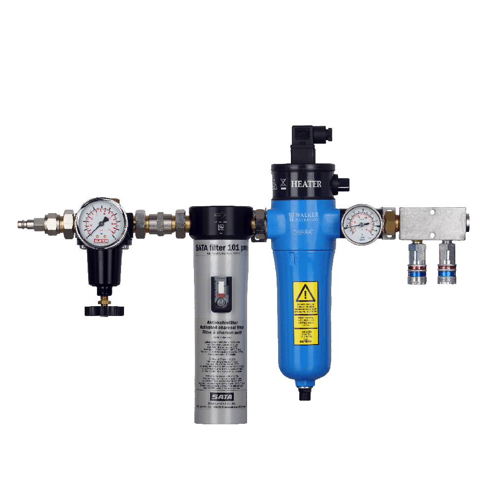 Réchauffeur d'air  "A55TH" avec thermomètre + Filtre charbon actif SATA 101 + Régulateur d'air - entrée Euro + double sortie d'air avec 2 coupleurs eSafe - 220 volt